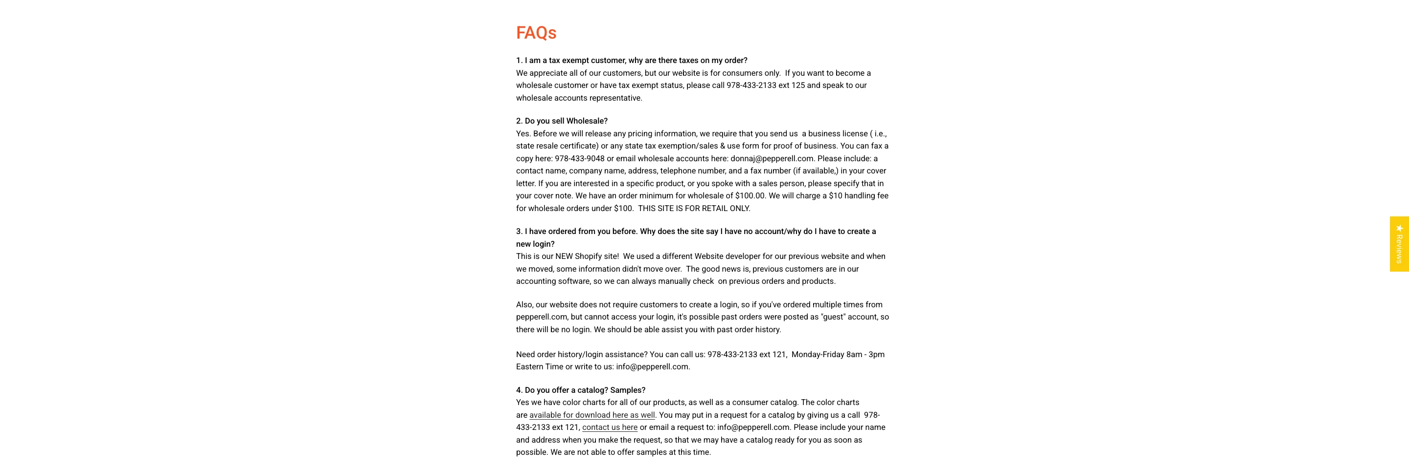 pepperellcrafts.com FAQ page
